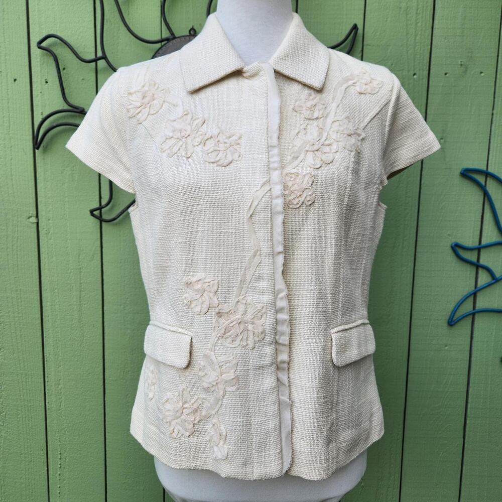 Vintage Y2K Coldwater Creek Cream Cotton Tweed Short Sleeve Jacket